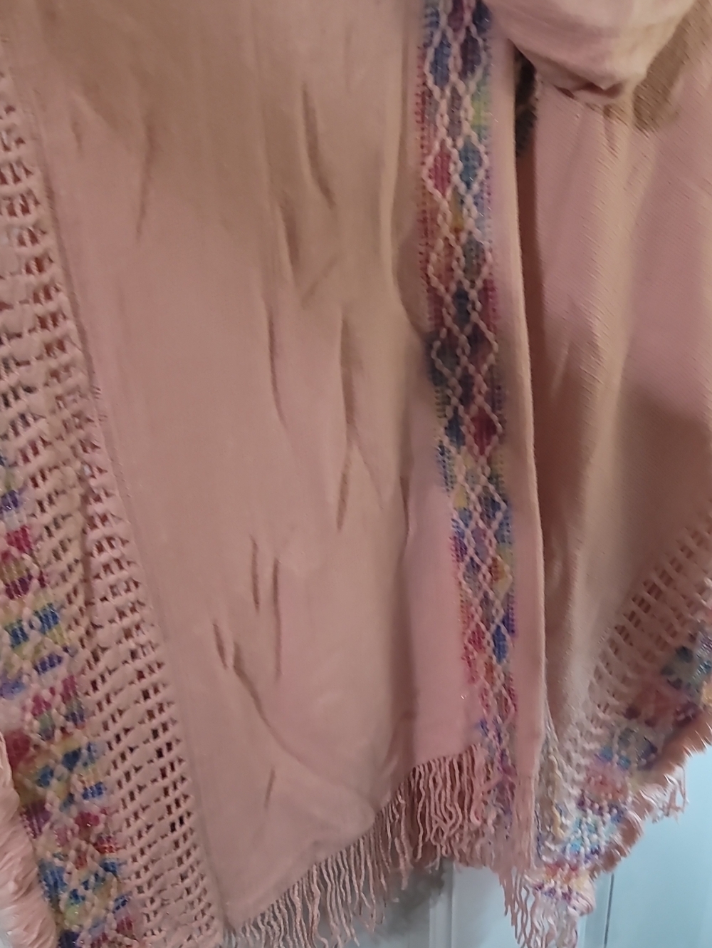 Pink Fringe Boho Knit Shawl Hoodie with Multicolor Trim - Picture 8 of 8